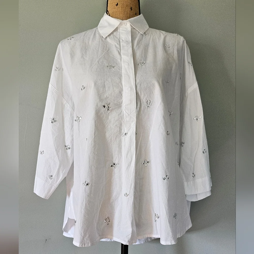 French Connection Rhodes Rhinestone Shirt, Linen White Size Medium - Picture 5 of 11